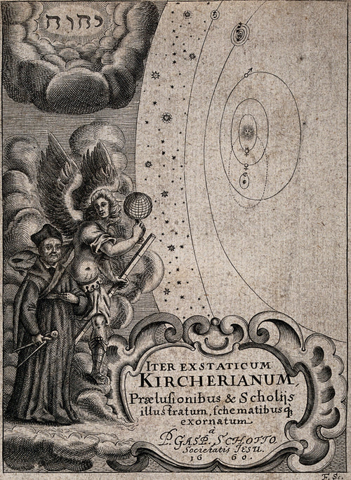 Athanasius Kircher Being Guided by an Archangel to the Celestial Spheres by Johann Friedrich Fleischberger — A robed scholar led through the heavens by a winged guide