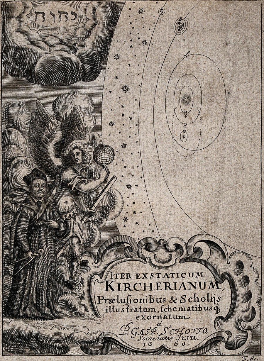 Johann Friedrich Fleischberger — Athanasius Kircher Being Guided by an Archangel to the Celestial Spheres | Alchemical Engraving Print shown to scale on a wall above a sofa