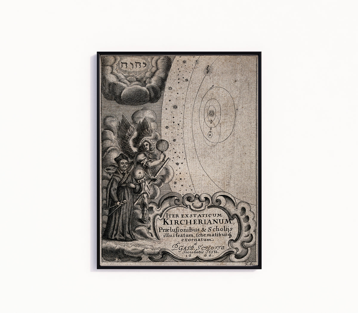 Framed art print of Athanasius Kircher Being Guided by an Archangel to the Celestial Spheres by Johann Friedrich Fleischberger, in a slim black frame on a plain white wall