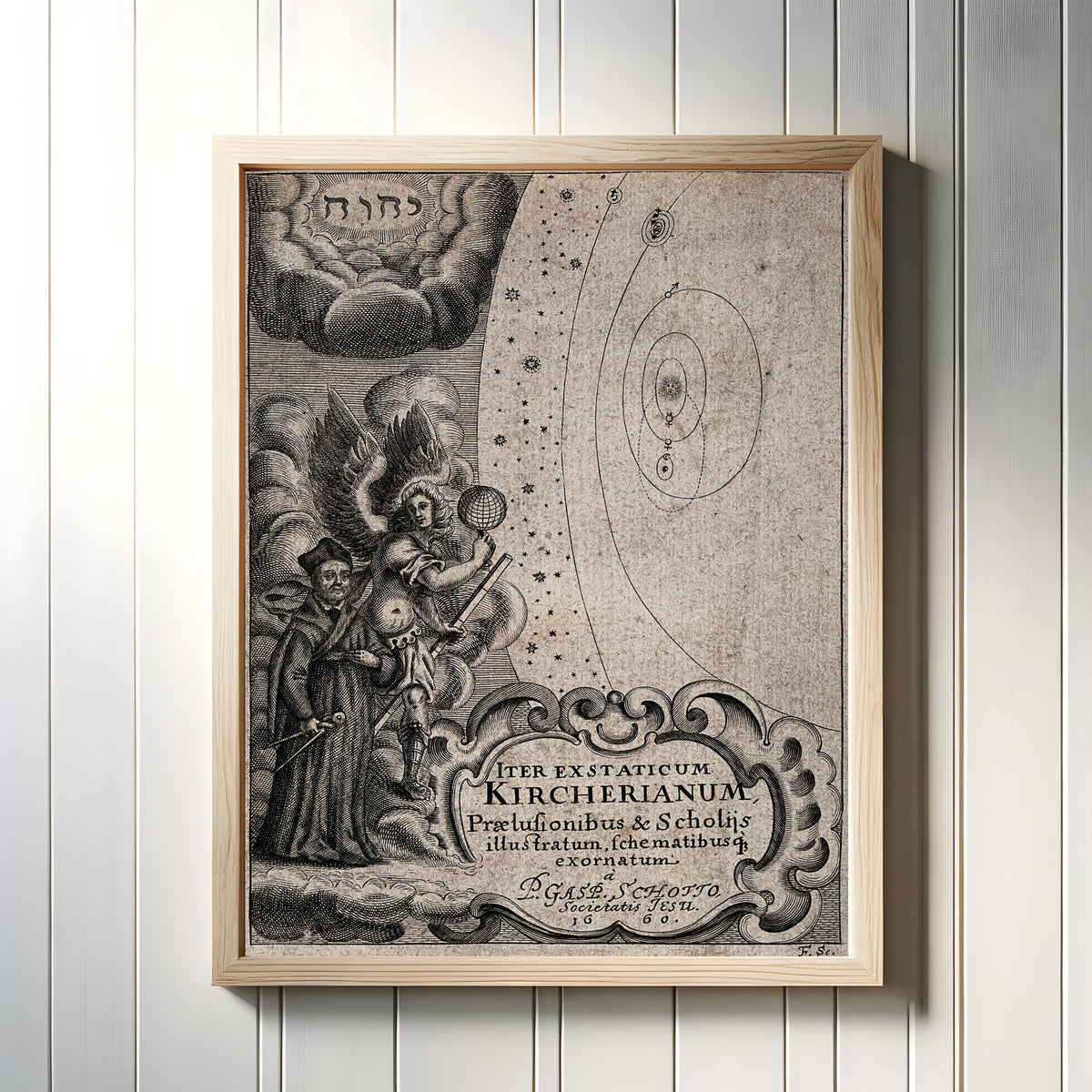 Framed art print of Athanasius Kircher Being Guided by an Archangel to the Celestial… by Johann Friedrich Fleischberger, in a light wood frame on a white panelled wall