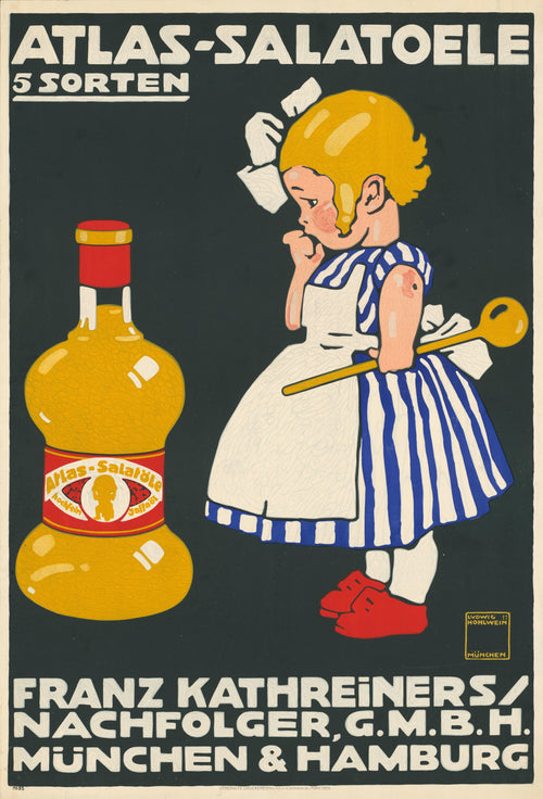 Atlas-Salatöle: 5 Sorten, München & Hamburg by Ludwig Hohlwein — A girl in a striped dress studies a big bottle of oil