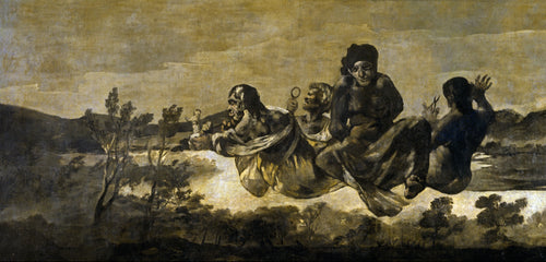 Atropos (The Fates) by Francisco de Goya — Four grim figures drift through the air above a dark river valley