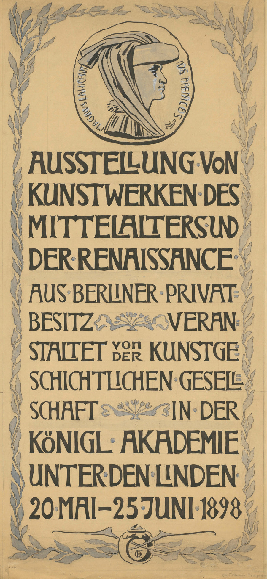 Otto Eckmann — Ausstellung von Kunstwerken des Mittelalters und der Renaissance | Vintage Poster Print shown to scale on a wall above a sofa