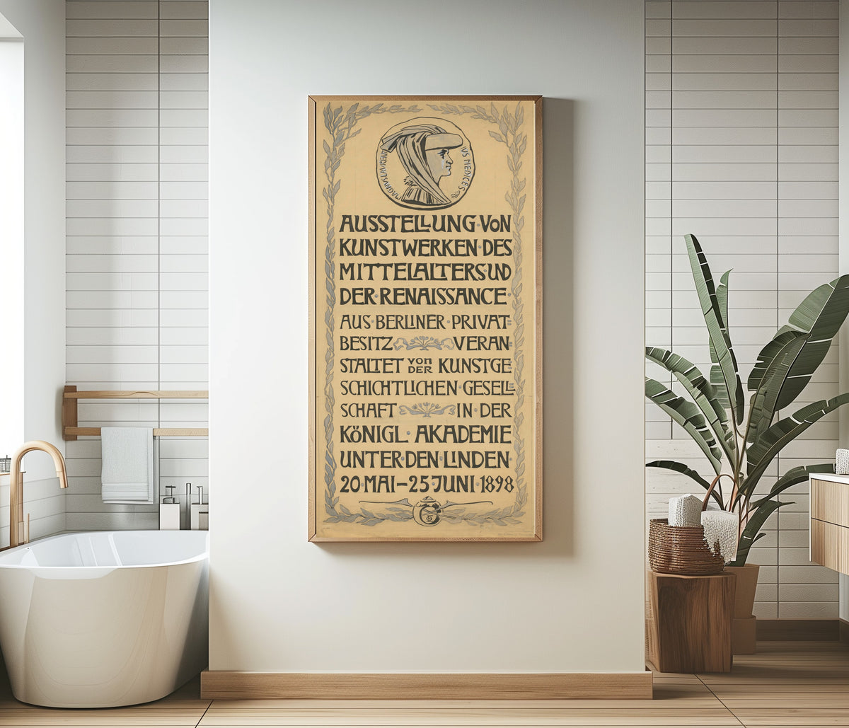 Framed art print of Ausstellung von Kunstwerken des Mittelalters und der Renaissance by Otto Eckmann, in a bathroom beside a freestanding tub