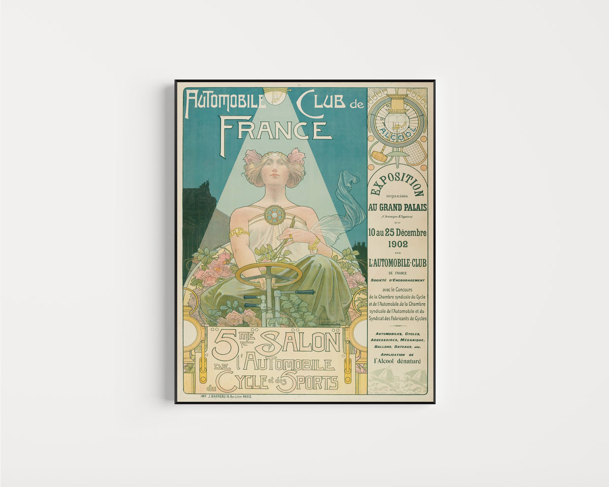 Framed art print of Automobile Club de France, 5me Salon de l'Automobile, du Cycle et… by Henri Privat-Livemont, in a slim black frame on a plain white wall