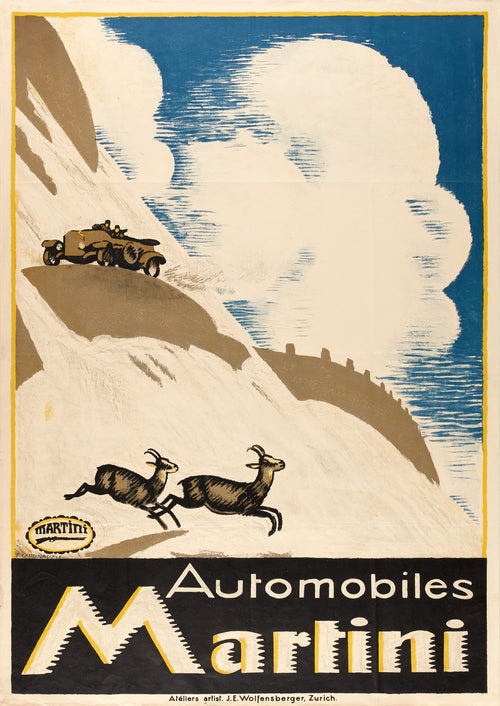 Automobiles Martini by Emil Cardinaux — A touring car above two leaping chamois on a snowy slope