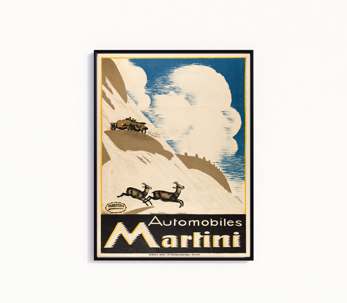 Framed art print of Automobiles Martini by Emil Cardinaux, in a slim black frame on a plain white wall