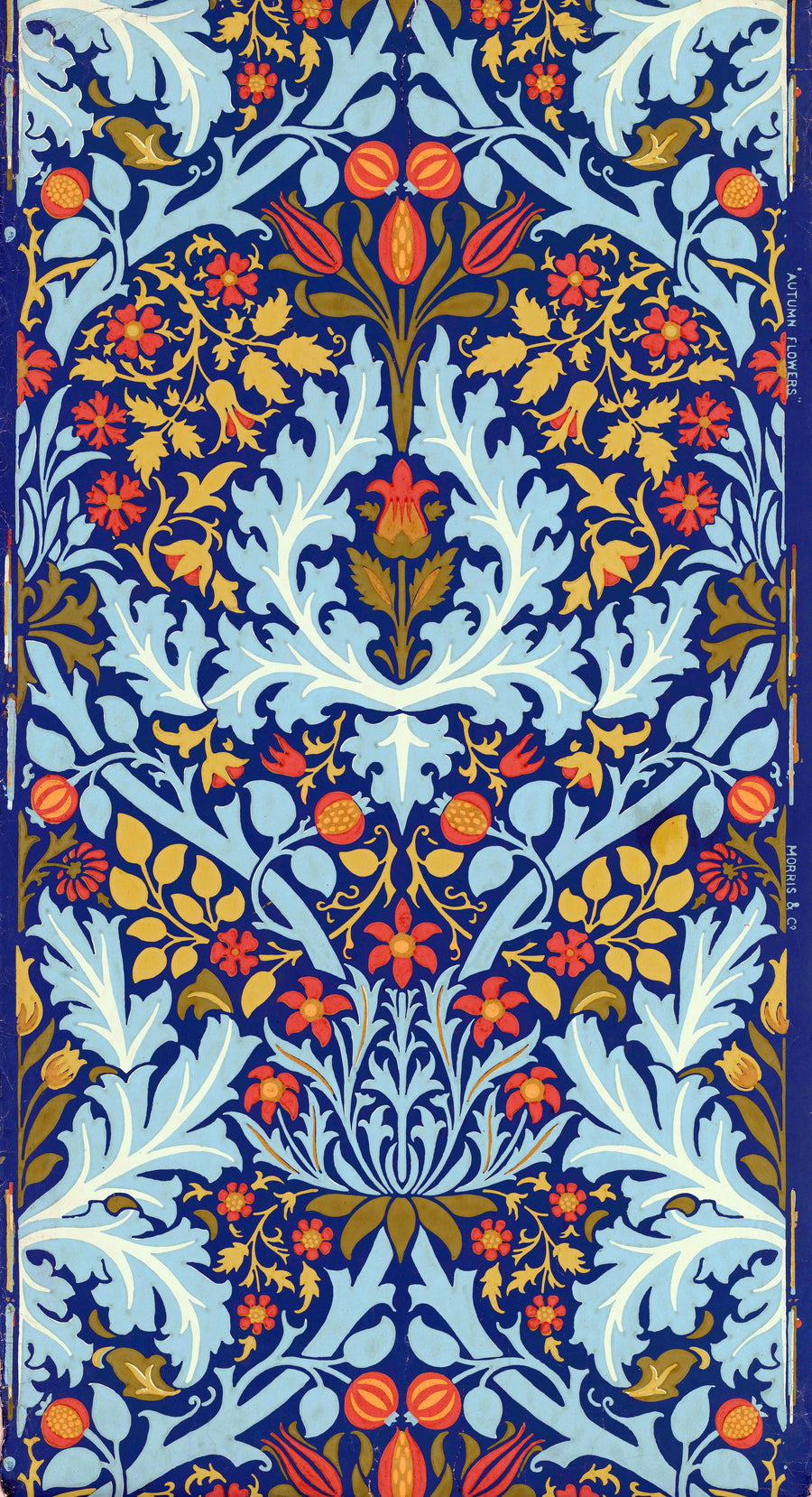 William Morris — Autumn Flowers | Botanical Art Print shown to scale on a wall above a sofa