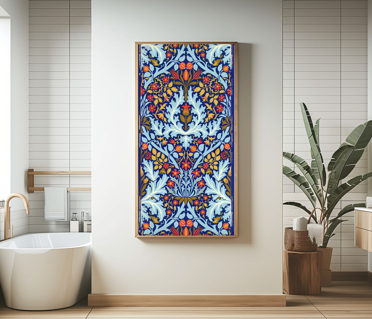 Framed art print of Autumn Flowers by William Morris, in a bathroom beside a freestanding tub