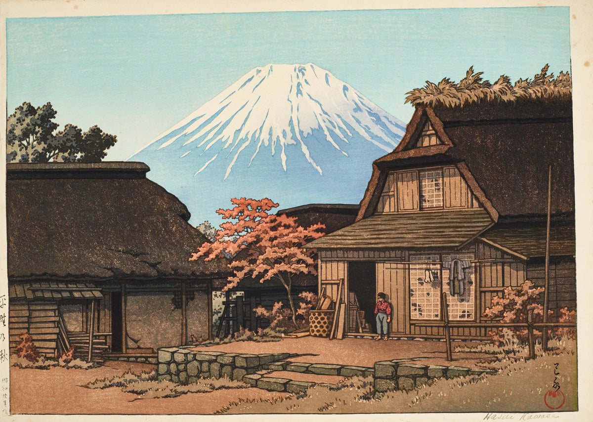 Autumn at Hirano by Kawase Hasui — A farmhouse beneath a snow-capped mountain in autumn