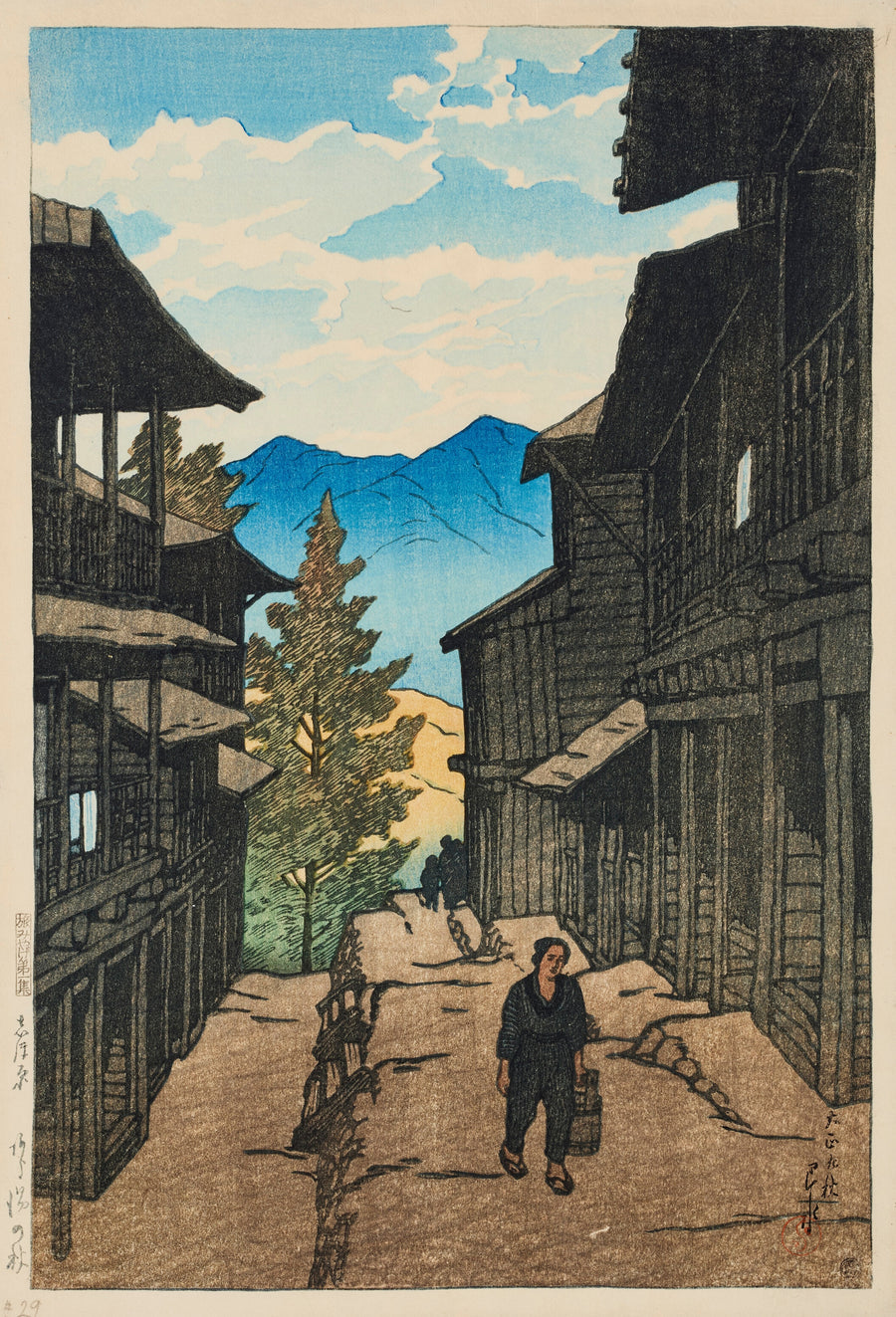Kawase Hasui — Autumn in Arayu, Shiobara | Japanese Woodblock Print (Shin Hanga) shown to scale on a wall above a sofa