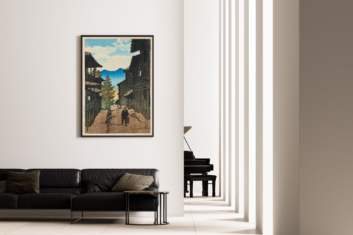 Framed art print of Autumn in Arayu, Shiobara by Kawase Hasui, on the wall of a minimal living room
