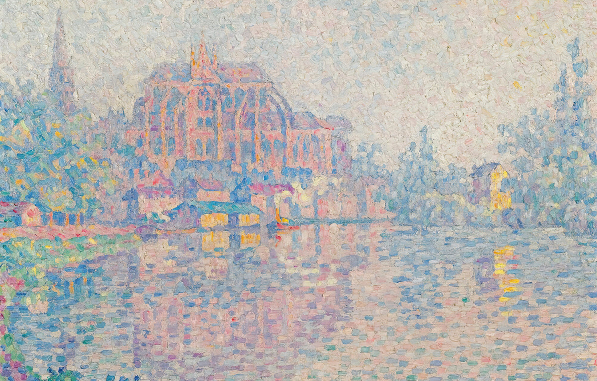 Auxerre, The River by Paul Signac — A rose-toned Gothic church above a hazy river and boathouses