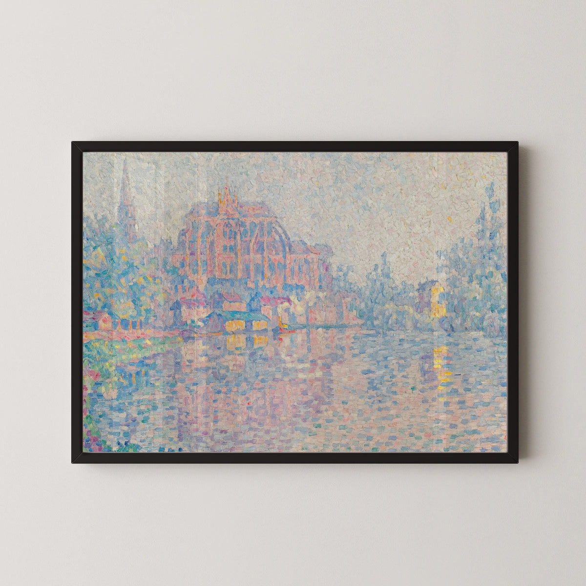 Framed art print of Auxerre, The River by Paul Signac, in a black frame on a pale wall