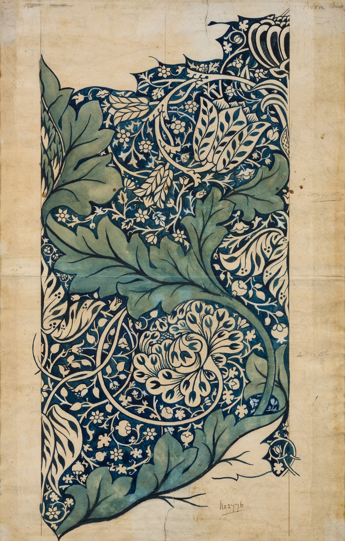 Avon (Design Drawing) by William Morris — Grey-green acanthus over a deep blue pattern, the rest pencil