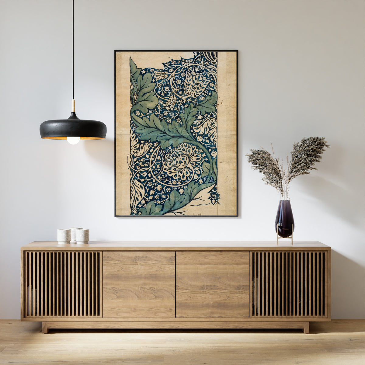 Framed art print of Avon (Design Drawing) by William Morris, above a slatted wood sideboard