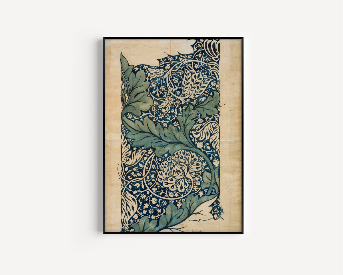 Framed art print of Avon (Design Drawing) by William Morris, in a slim black frame on a plain white wall