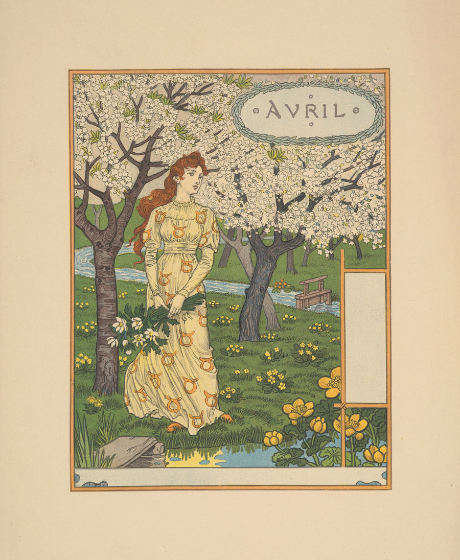 Eugène Grasset — Avril | Art Nouveau Print shown to scale on a wall above a sofa
