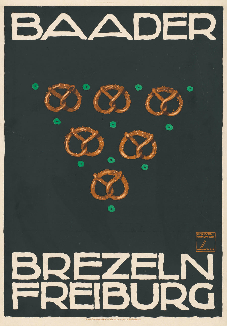 Ludwig Hohlwein — Baader Brezeln, Freiburg | Vintage Poster Print shown to scale on a wall above a sofa