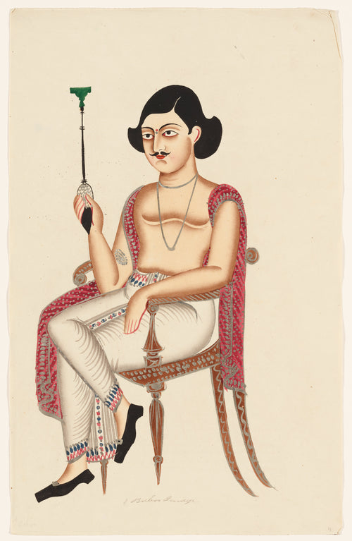 Kalighat painter — Babu Holding a Hookah (White Waistcloth) | Kalighat Painting Print