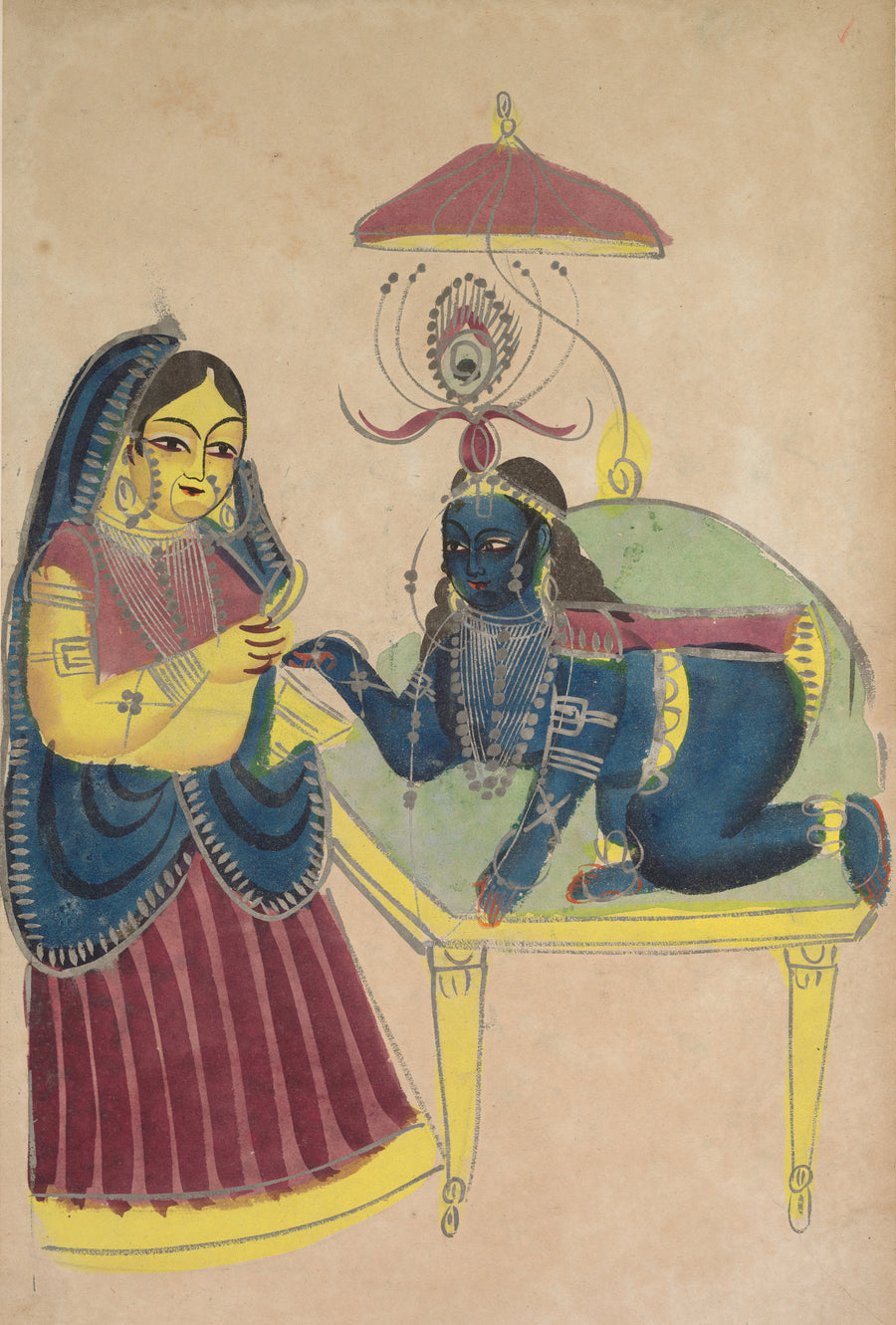 Kalighat painter — Baby Krishna Asking for Butter from Yashoda | Kalighat Painting Print shown to scale on a wall above a sofa