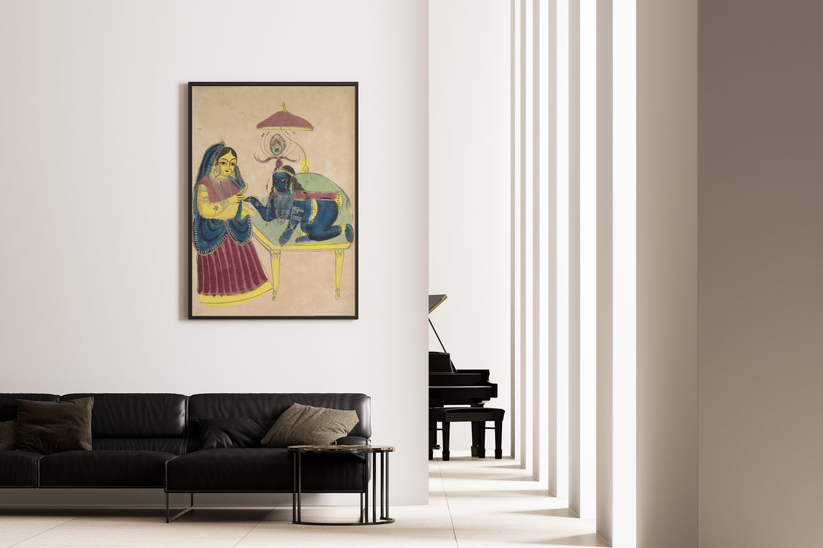 Framed art print of Baby Krishna Asking for Butter from Yashoda by Kalighat painter, on the wall of a minimal living room