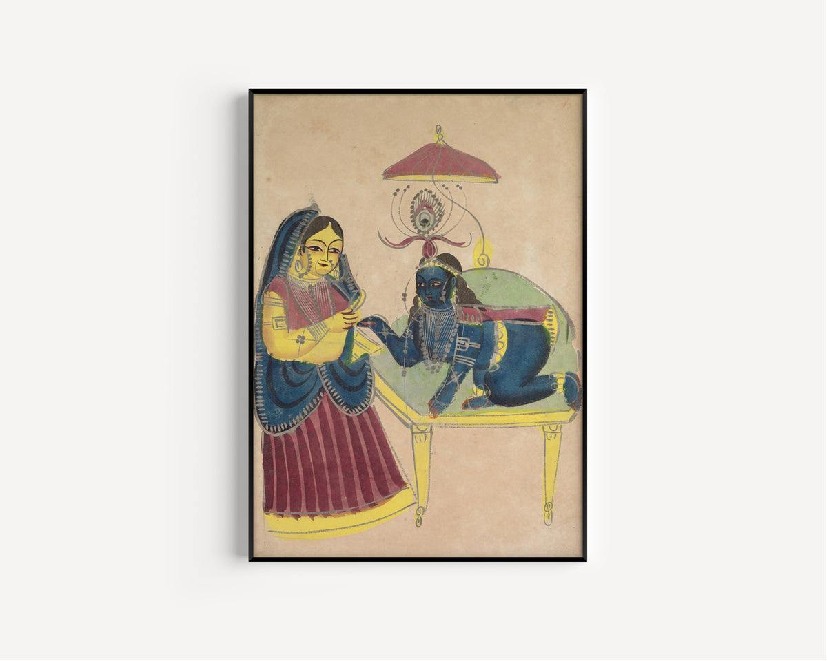 Framed art print of Baby Krishna Asking for Butter from Yashoda by Kalighat painter, in a slim black frame on a plain white wall