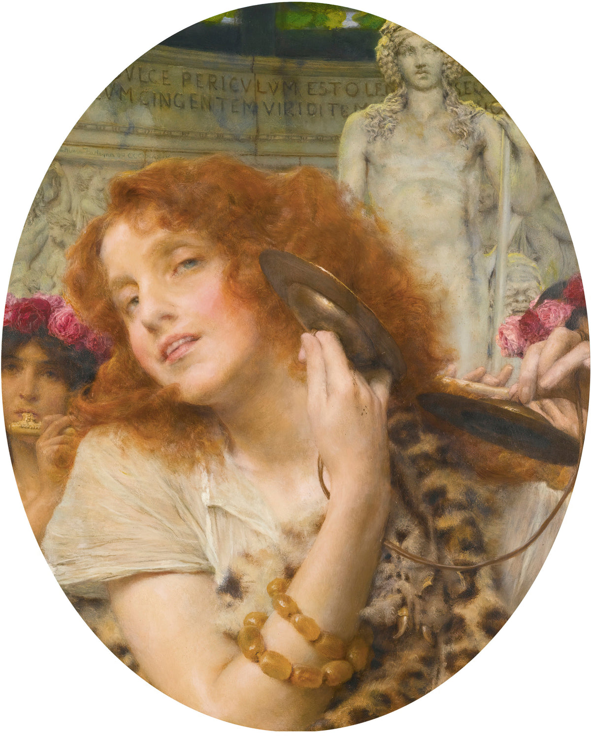 Bacchante by Lawrence Alma-Tadema — A red-haired reveller clashes cymbals beside a marble statue