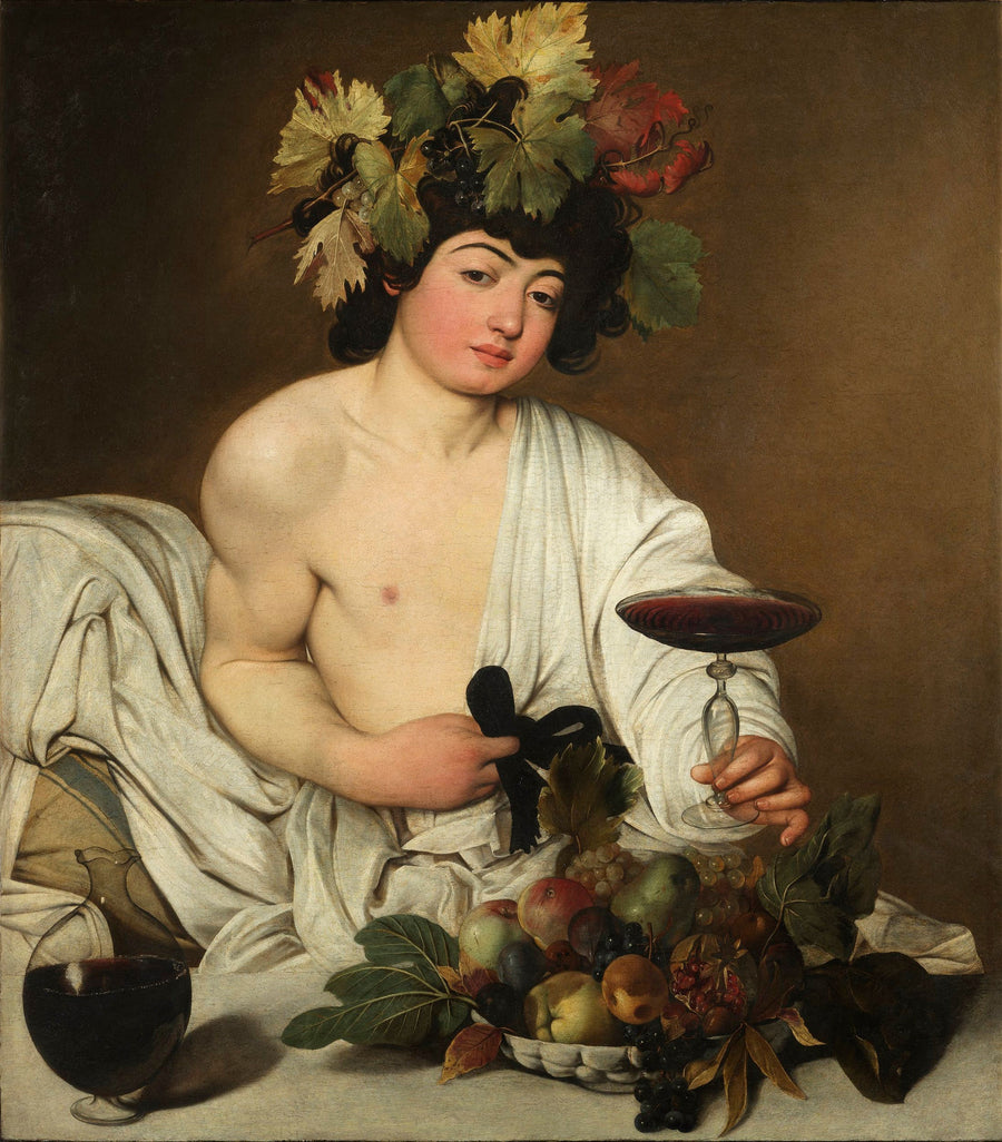 Caravaggio — Bacchus | Fine Art Print shown to scale on a wall above a sofa