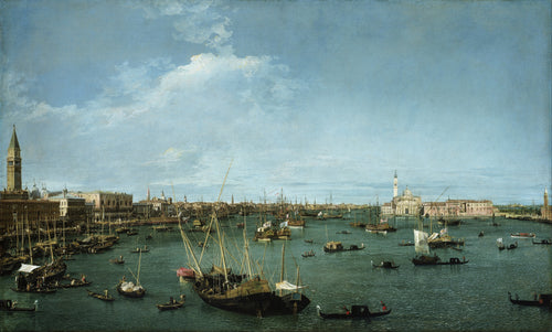 Bacino di San Marco, Venice by Canaletto — A sunlit lagoon crowded with ships and gondolas