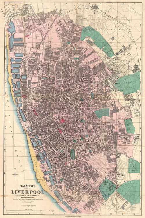 Bacon's Map of Liverpool by George Washington Bacon — A pink and grey street plan of Liverpool along the Mersey docks