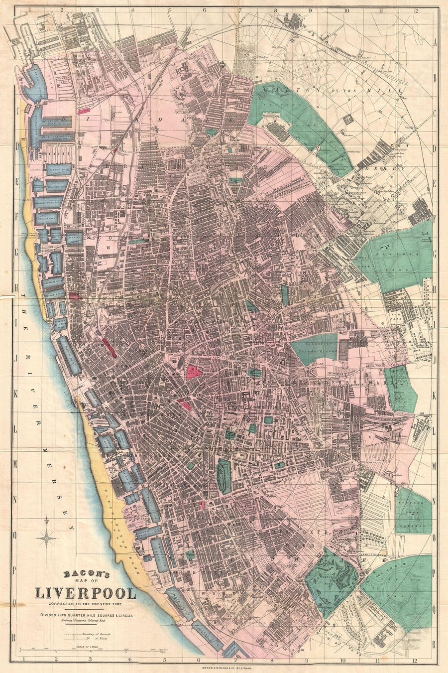 George Washington Bacon — Bacon's Map of Liverpool | Antique City Plan Print shown to scale on a wall above a sofa