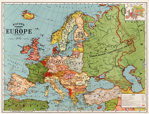 Bacon's Standard Map of Europe by George Washington Bacon — Europe in bold country tints, from Iceland to Turkey