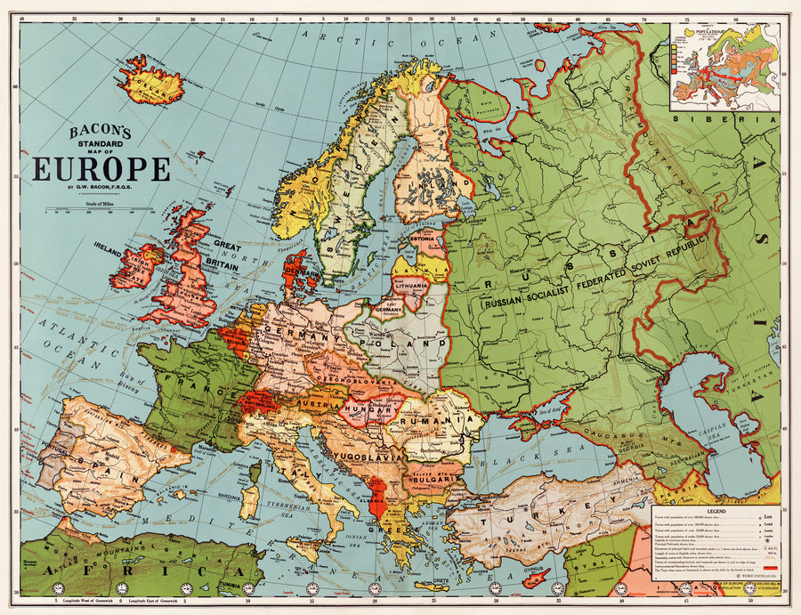 George Washington Bacon — Bacon's Standard Map of Europe | Vintage Wall Map Print shown to scale on a wall above a sofa