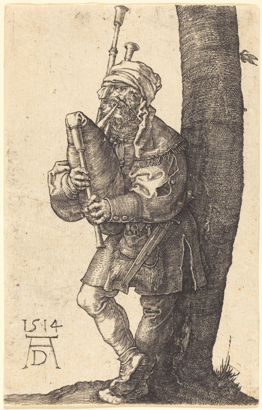 Albrecht Dürer — Bagpiper | Engraving Print shown to scale on a wall above a sofa