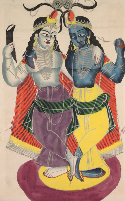 Balarama and Krishna by Kalighat painter — Two brothers stand shoulder to shoulder, one pale, one blue
