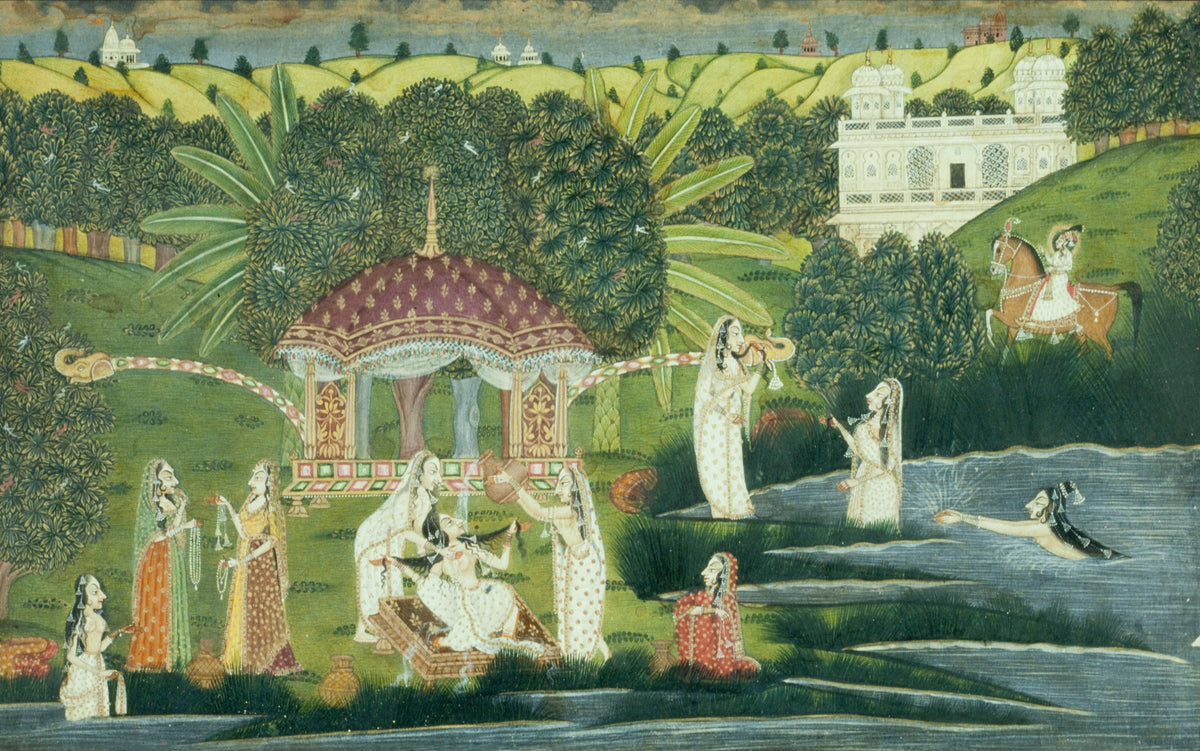 Kishangarh school — Bani Thani Bathing at Pholl Sagar Palace | Indian Miniature Painting Print