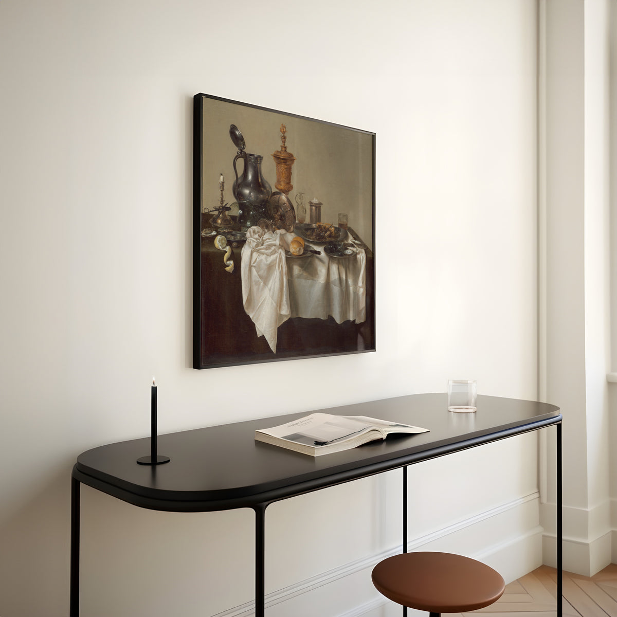 Banquet Piece with Mince Pie by Willem Claesz. Heda — framed above a slim black console table