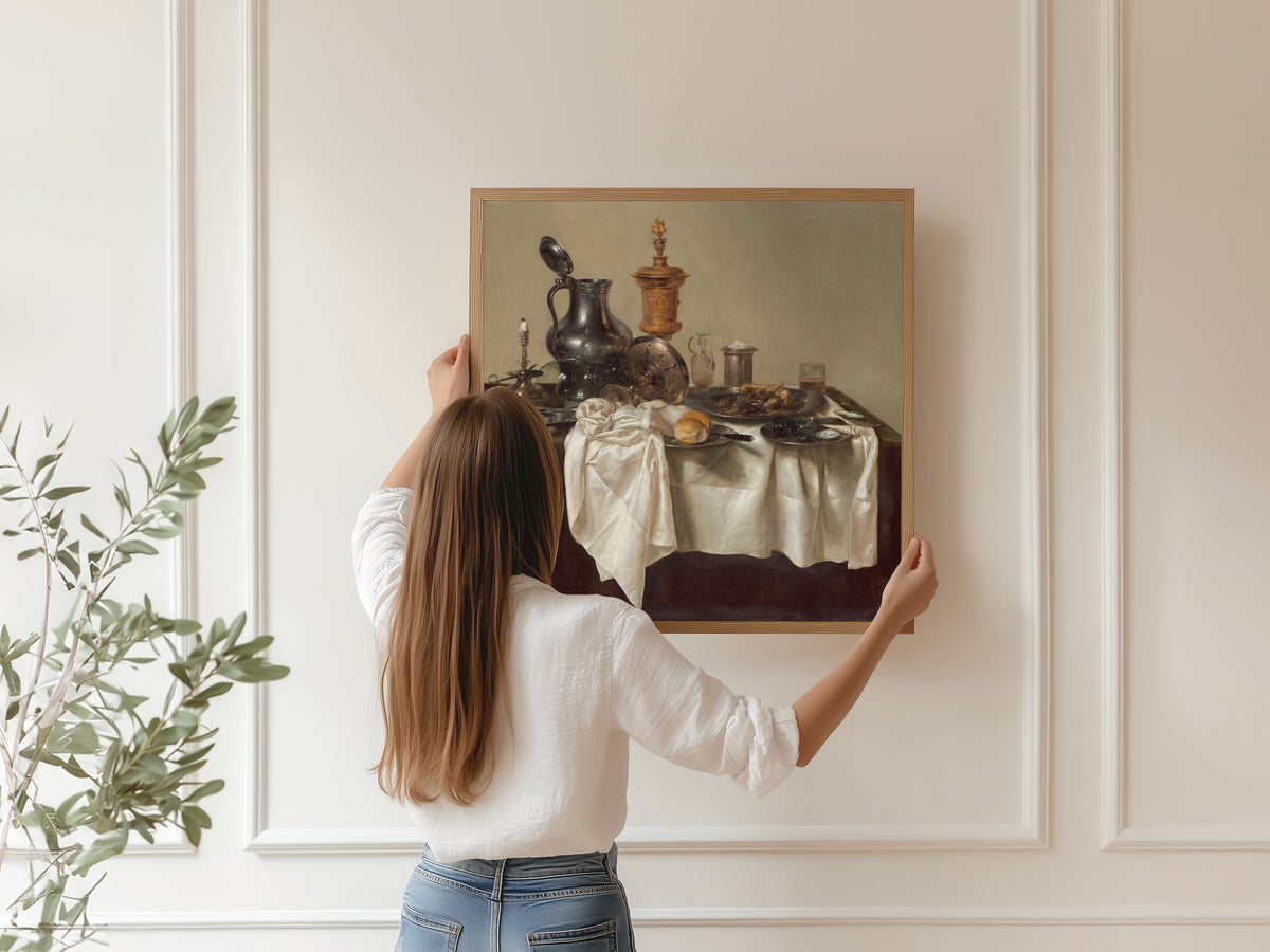 Banquet Piece with Mince Pie by Willem Claesz. Heda — being hung, framed, on a panelled wall