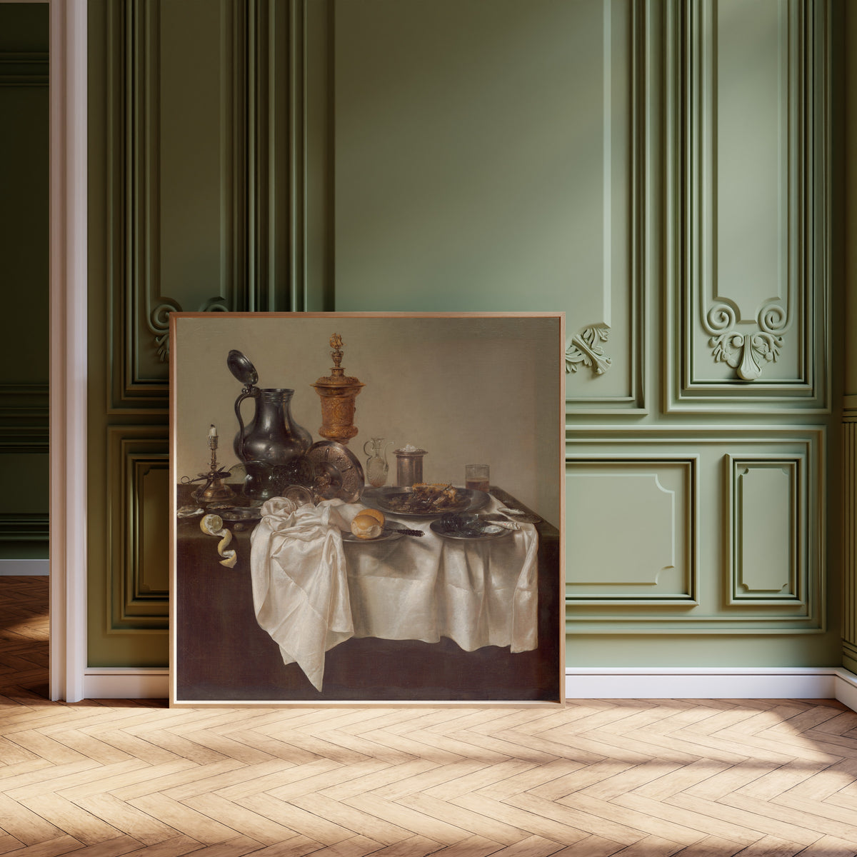 Banquet Piece with Mince Pie by Willem Claesz. Heda — framed and leaning against olive-green panelling on a herringbone floor