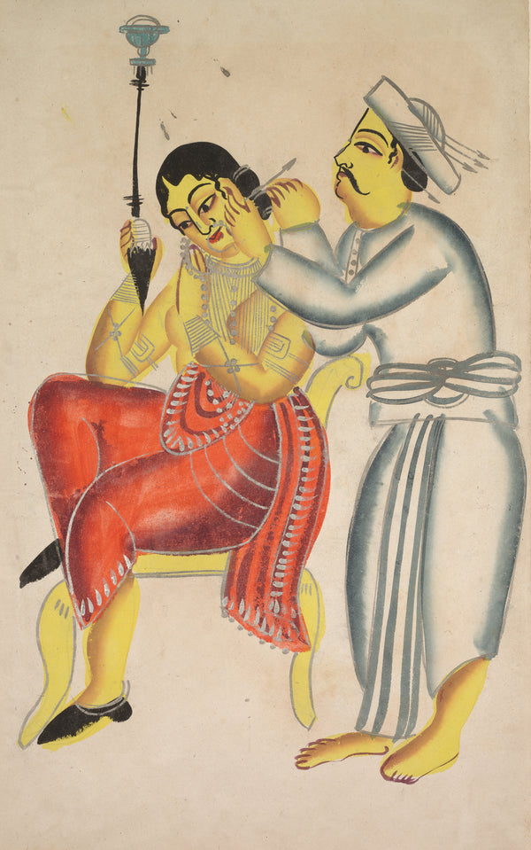 Kalighat painter — Barber Cleaning a Woman’s Ear | Kalighat Painting Print