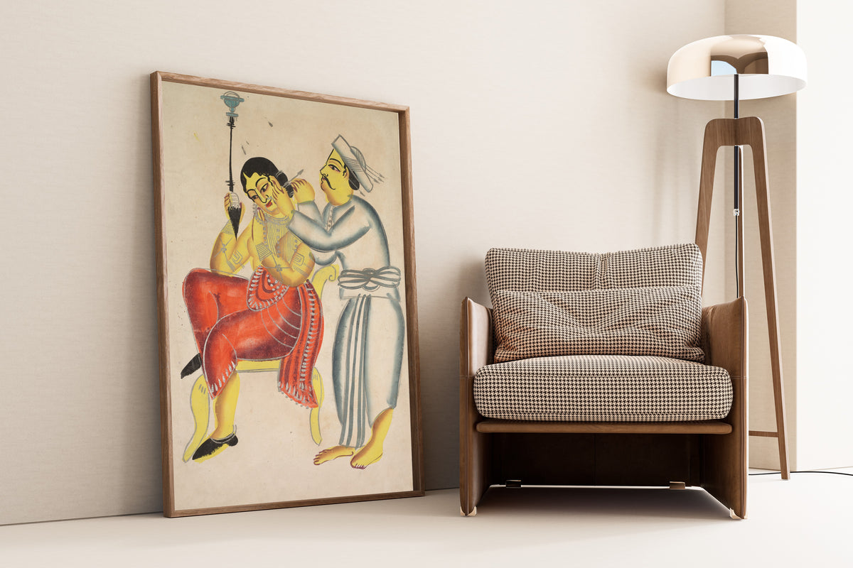 Kalighat painter — Barber Cleaning a Woman’s Ear | Kalighat Painting Print