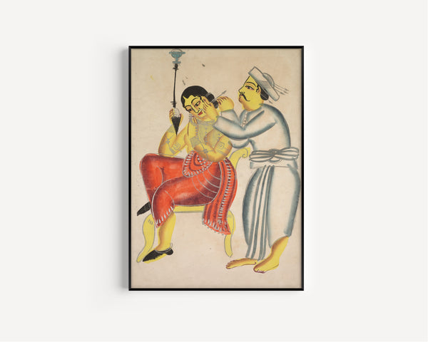 Kalighat painter — Barber Cleaning a Woman’s Ear | Kalighat Painting Print