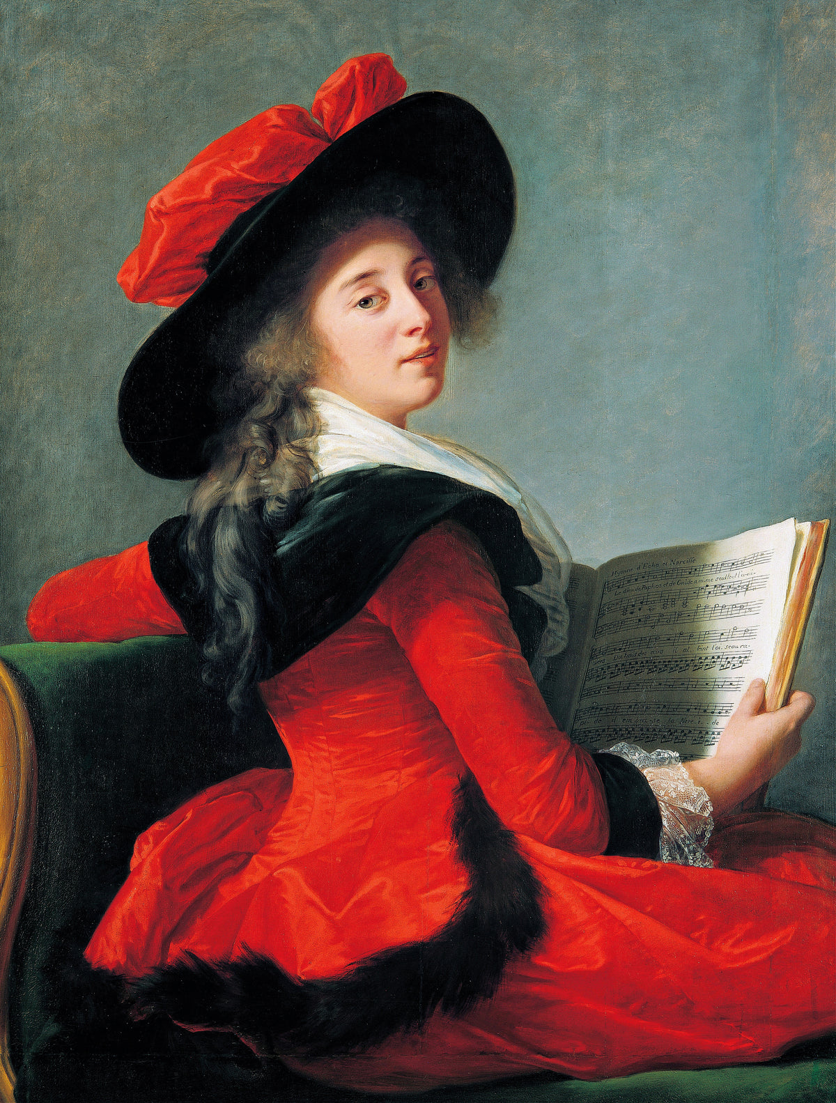 Baronne de Crussol by Élisabeth Louise Vigée Le Brun — A woman in a red jacket glances back from a green sofa, music in hand