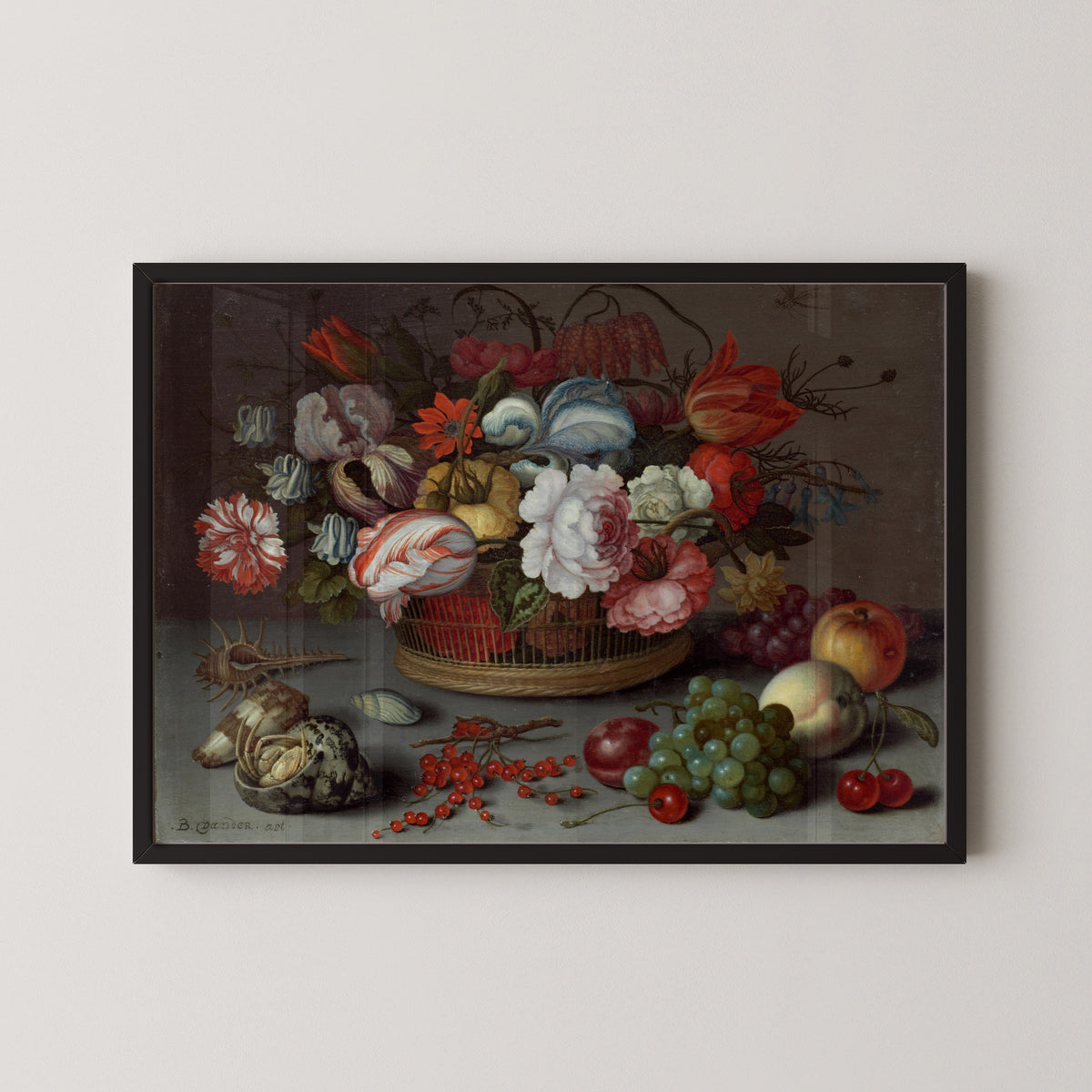 Basket of Flowers by Balthasar van der Ast — in a black frame on a pale wall