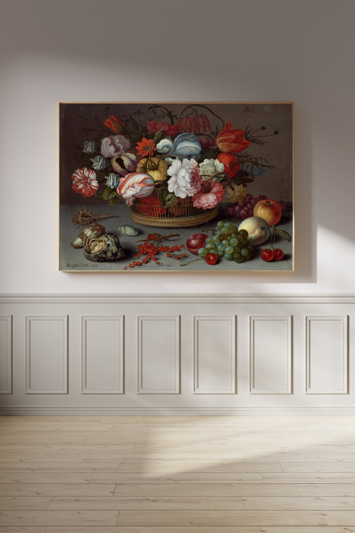 Basket of Flowers by Balthasar van der Ast — framed on a panelled wall in afternoon light