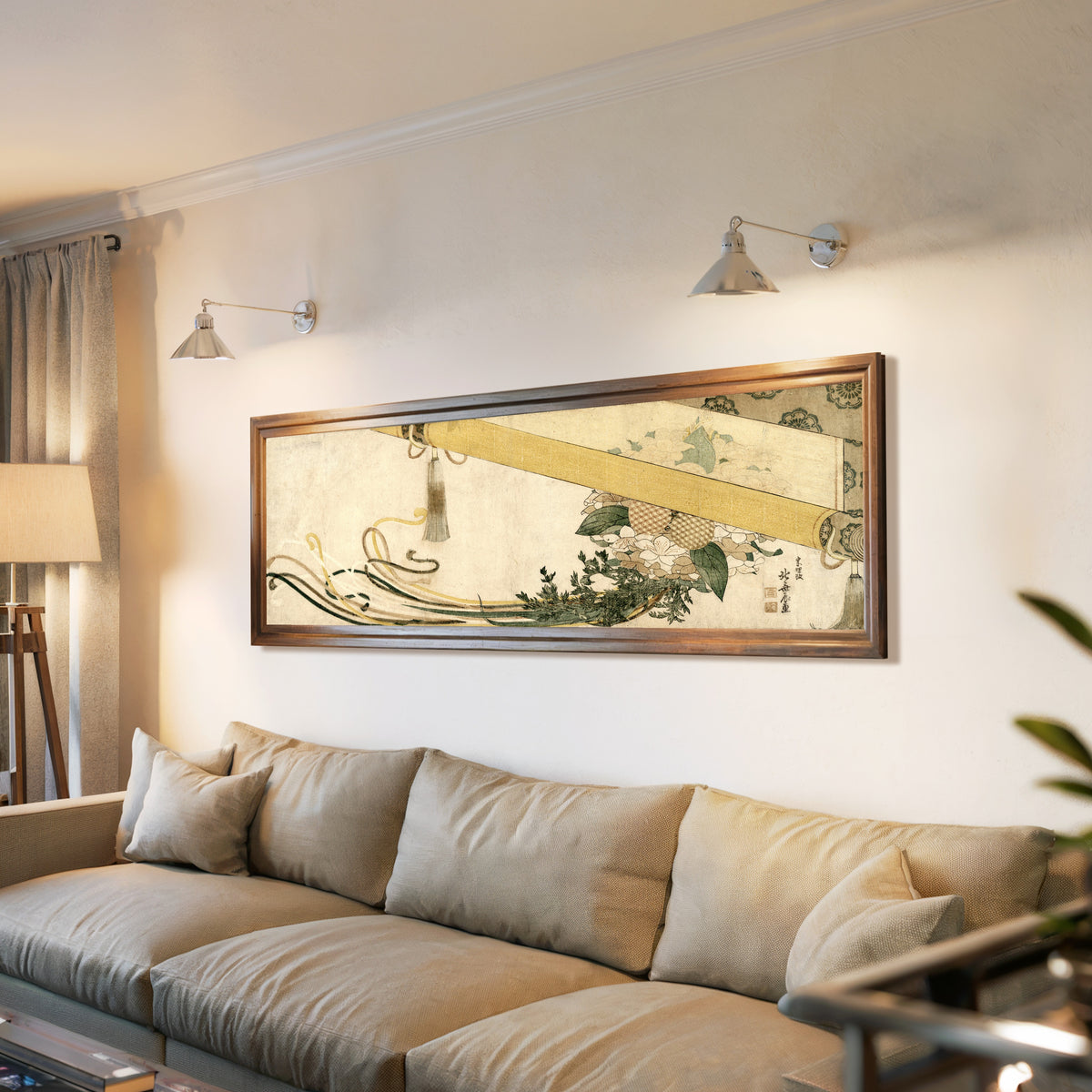 Framed art print of Basket of Flowers with Bamboo Blind by Katsushika Hokusai, above a long sofa with wall lights