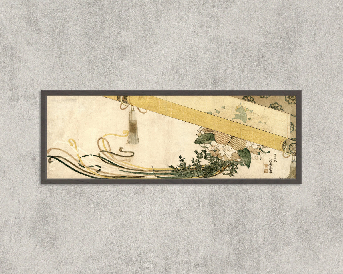 Framed art print of Basket of Flowers with Bamboo Blind by Katsushika Hokusai, in a wide frame on a concrete wall