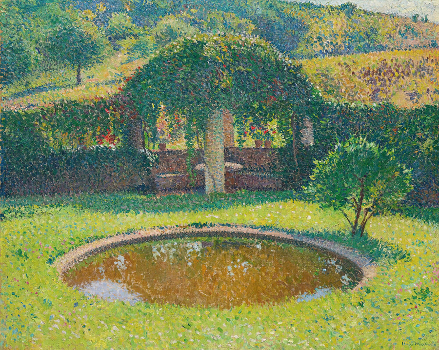 Henri Martin — Bassin et tonnelle sud-ouest du parc de Marquayrol | Pointillist Landscape Print shown to scale on a wall above a sofa