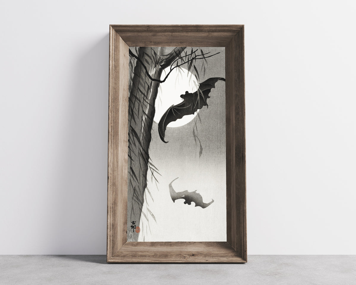 Ohara Koson — Bats Under the Full Moon | Japanese Bird & Flower Woodblock Print